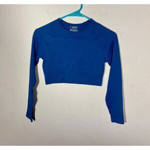 Womens Blue Seamless Long Sleeve Crop Top Size S Stretch Athletic Tee
